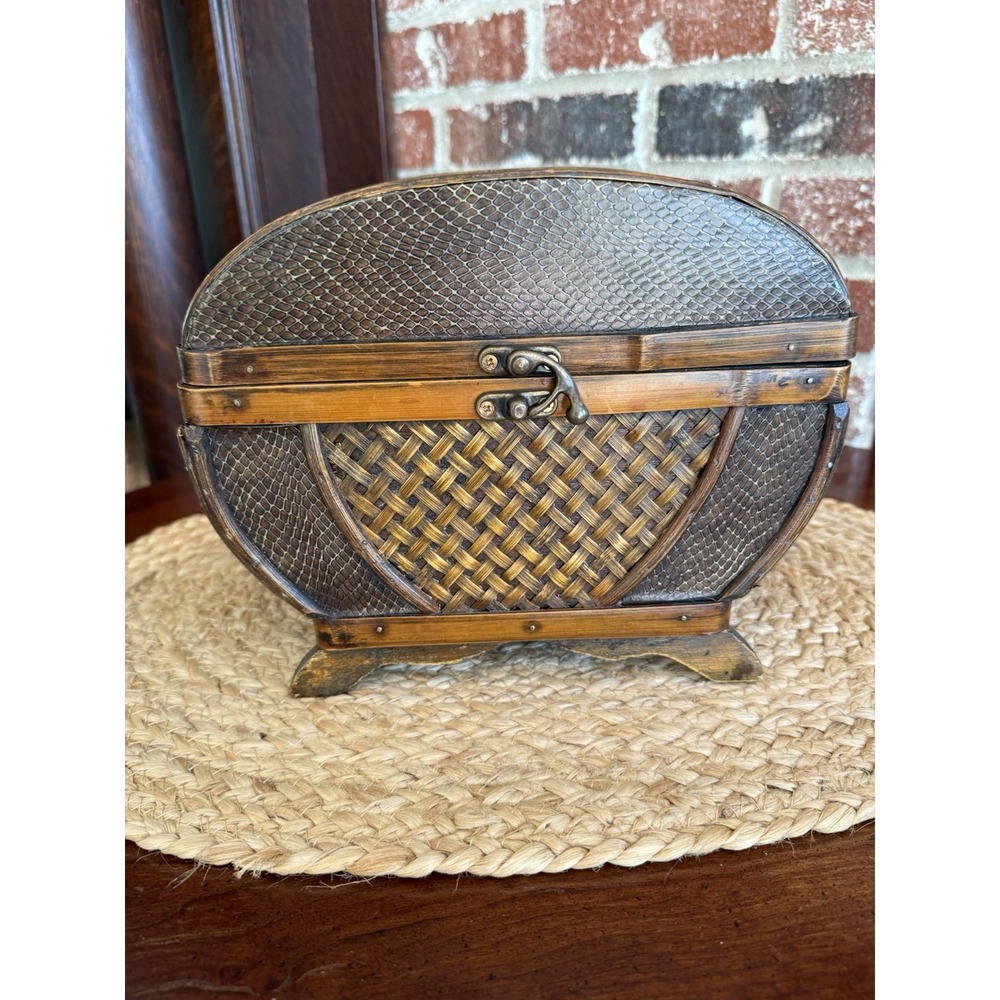 Vintage Bamboo‎ Wood Trinket Box Chest Style Decorative Storage Container